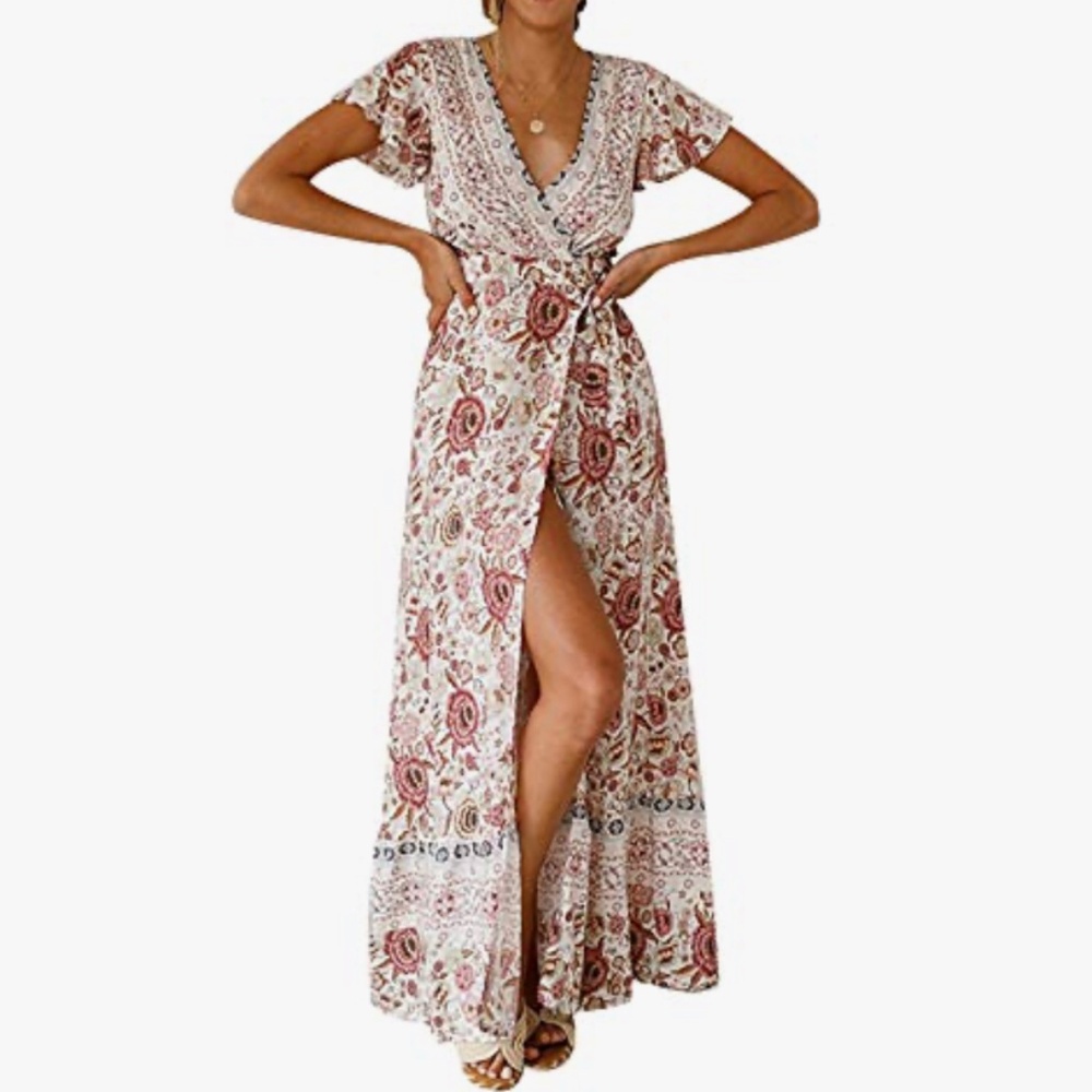 NWT Boho Floral Maxi Wrap Dress Small Coastal Cowgirl Ruffle Beach Wedding